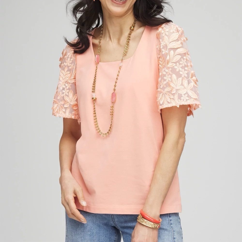 Chico's Women’s Orange Blouse Floral Sleeves Square Neck Chico’s Sz 0 (S) Chic